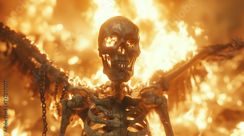 Skeleton with wrapped chains burning flame background