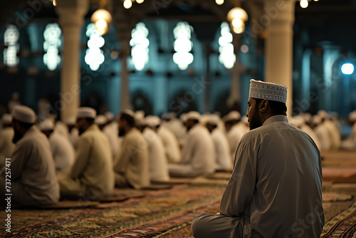 the moment of Islamic call to prayer (Adhan) being recited from a mosque. The surrounding community is responding and preparing for prayer