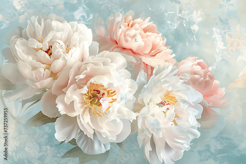 a bouquet of pink and white peonies with a blue backg