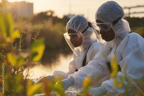 Two black women Ecologists sampling water near populated area