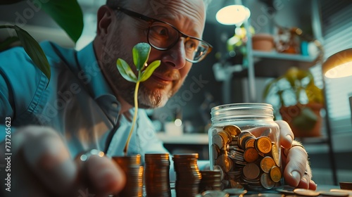 Senior man examining plant growth beside money jar in cozy room. investing in green future concept. environmental economics. AI