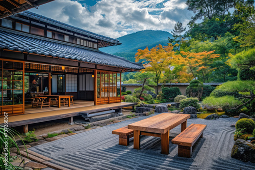 Wooden table and chairs in japanese garden with mountain background