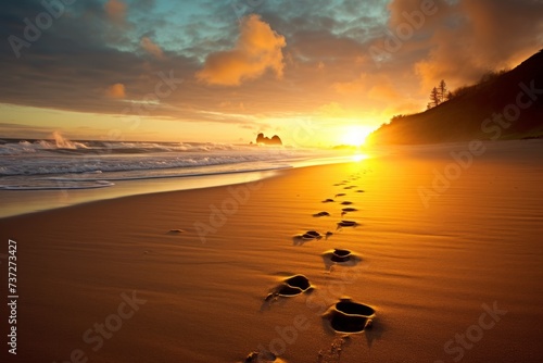 Footprints in the sand leading towards the sunrise