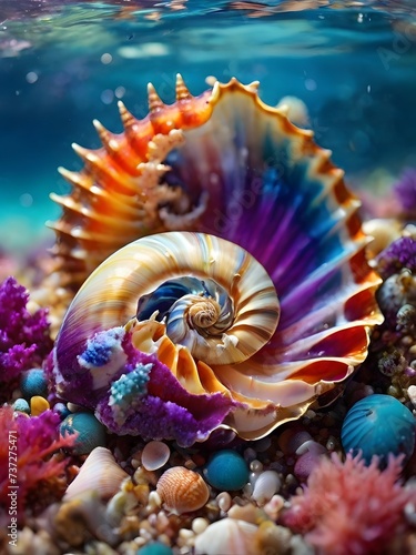 Beautiful seashells on the sand. Underwater world. AI Generated 