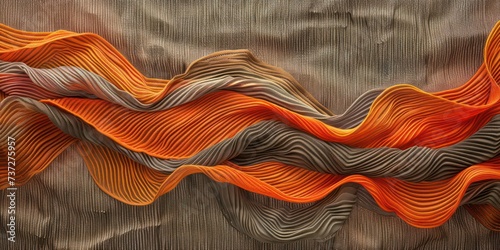 Wave-like patterns of orange textiles against a tranquil gray background.