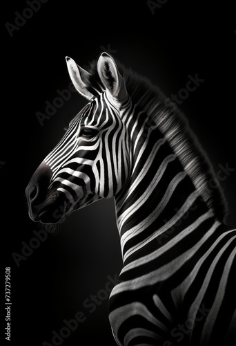 A monochrome photo of a zebra with a black background