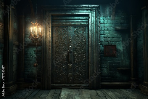 ornate door in a dark room