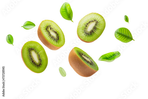 Kiwi with half slices falling or floating in the air with green leaves isolated on background, Fresh organic fruit with high vitamins and minerals.