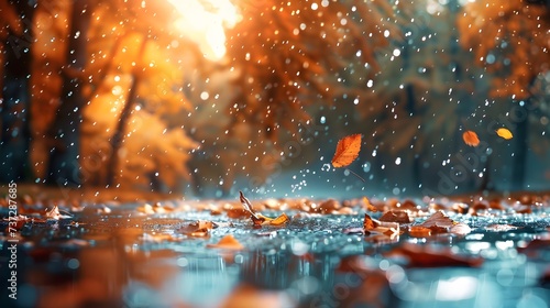 landscape autumn rain drops splashes in the forest background, october weather landscape beautiful park. 