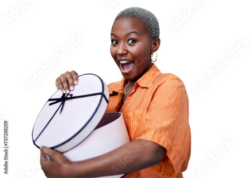 Opening, box and black woman with surprise, present or birthday on transparent, isolated or png background. Wow, excited and girl with shock for gift, package or winner smile for giveaway of fashion