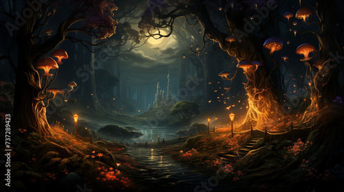 Dans une forêt magique, une fée égarée cherche son chemin. Un écureuil malicieux l'invite à le suivre vers une clairière enchantée.