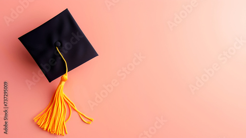 Black graduation cap or hat with yellow tassel on pastel peach pink background education and study Academic cap or Mortarboard