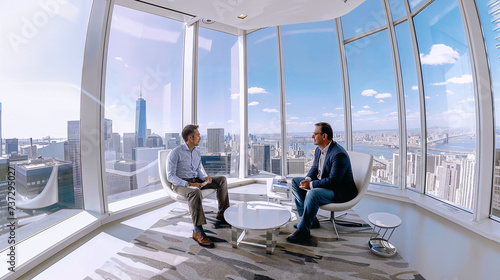 deux hommes d'affaires discutant dans un bureau vitré donnant sur la ville