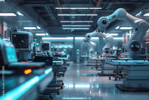 State-of-the-art futuristic hospital with the latest technology machines and robots that operate and assist the doctors with artificial intelligence.