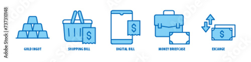 Exchange, Money Briefcase, Digital Bill, Shopping Bill, Gold Ingot editable stroke outline icons set isolated on white background flat vector illustration.