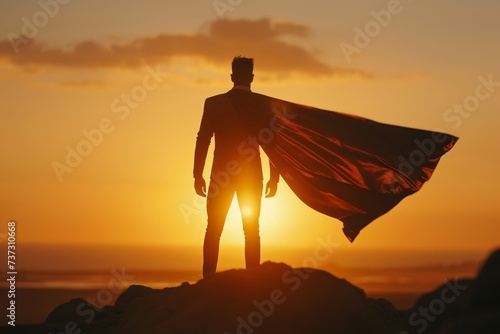 Backlit silhouette of a successful businessman with a cape, standing against a sunrise, symbolizing freedom and victory in business