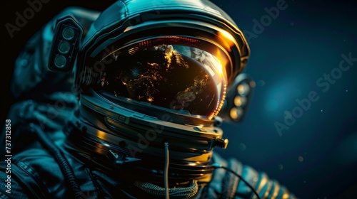 A spacewalk, astronaut tethered to a spacecraft with Earth reflecting off the visor, symbolizing exploration