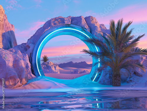 A 3D rendered depiction of a vibrant oasis emerging from a swirling portal in an unforgiving futuristic desert