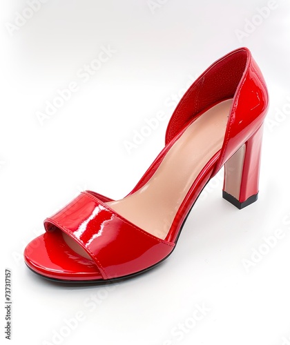 Red leather high heel sandal shoe on white background.