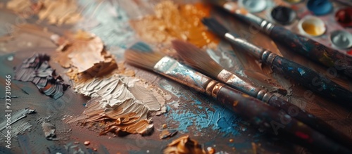Close up dirty paint brushes lie on the board after being used by the painter artist. AI generated