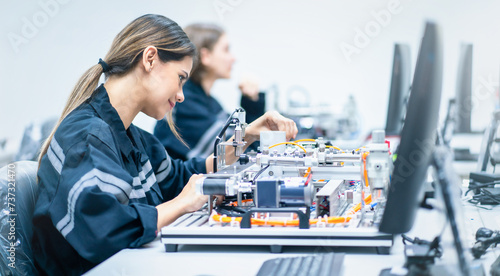 Mechanical engineering team working in robotic technology lap for research and develop for manufacturing automation and robotics.