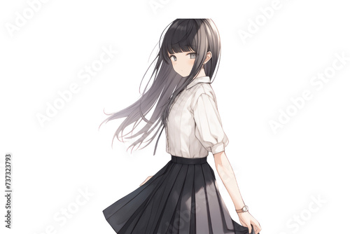 Young girl, kimono, slender figure, kneeling, black-haired beauty