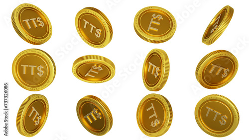 3D rendering of set of abstract golden Trinidad and Tobago Dollar coins concept in different angles. Trinidad and Tobago Dollar sign on golden coin isolated on transparent background