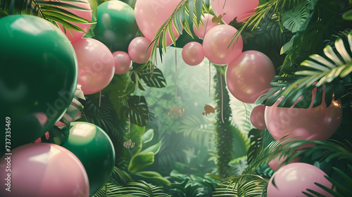 arco com balões rosa e verdes tema aniversário de menina plantas tropicais