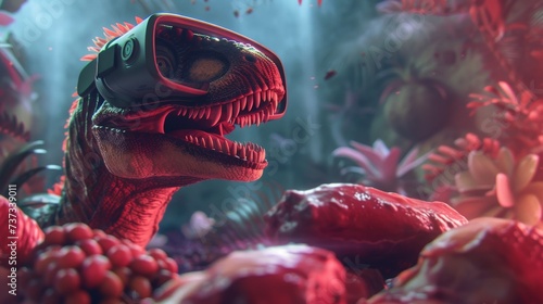 Dinosaur, donned in a VR headset absorbed in a digital realm, surrounded by an array of meats; a unique, vibrant 3D animation perspective