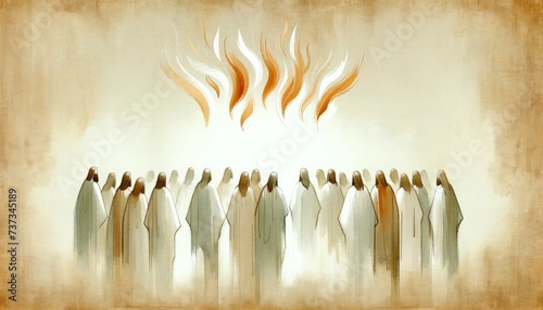 Pentecost Sunday: The Holy Spirit Comes as Tongues of Fire. Digital illustration of the Holy Spirit descending on the believers. Rear view.