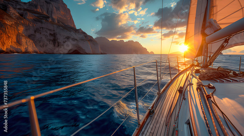 A boat is sailing on the ocean during a sunset. The water is blue and calm, and there are white cliffs in the background.