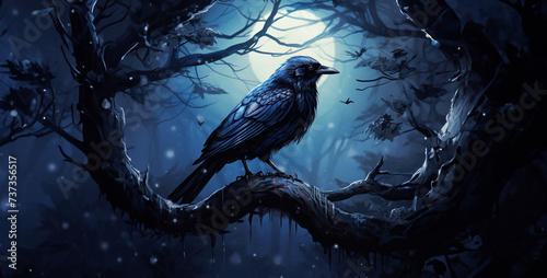 Illustration of a crow sitting on a branch in a dark forest,Halloween background with a crow and a full moon. Vector illustration.