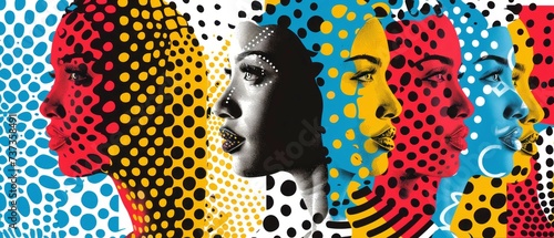 abstract portraits of female with different faces from around the world, polka dot pattern in retro pop art style. International Women's Day