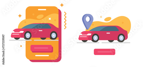 Car rental service mobile app vector graphic illustration flat cartoon, taxi vehicle ride reserve booking, auto transport sharing gps parking location modern image design on cell phone online digital