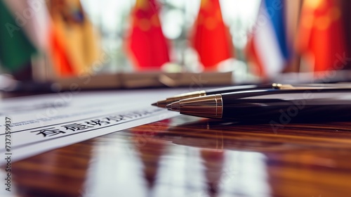 Close-up of a luxurious pen resting on a document with Chinese characters, with international flags blurred in the background.