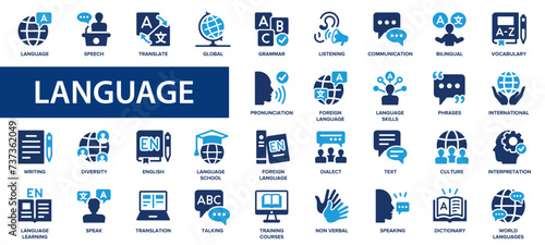 Language flat icons set. Speaking, translate, speak, communication, speech, dialect icons and more signs. Flat icon collection.