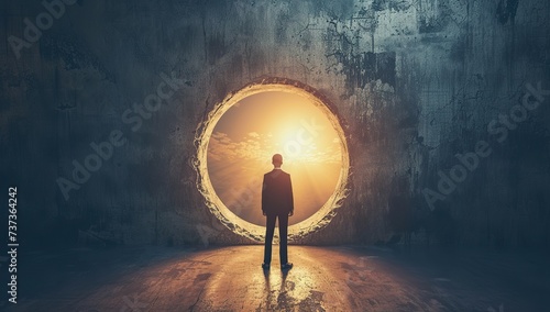 Person standing in front of a circular light portal against concrete walls. The concept of transition and new opportunities