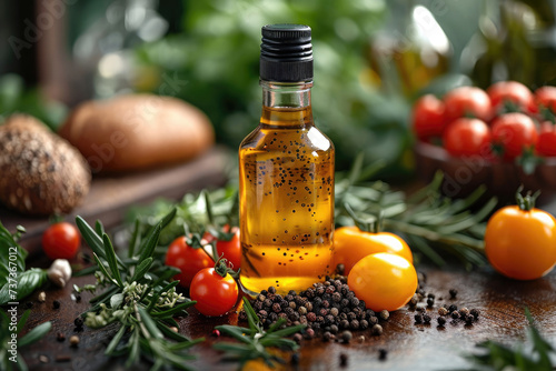 Elaboración tradicional de aceite de oliva virgen extra, Europa, España, dieta mediterránea, dieta saludable, bodegón botella de aceite