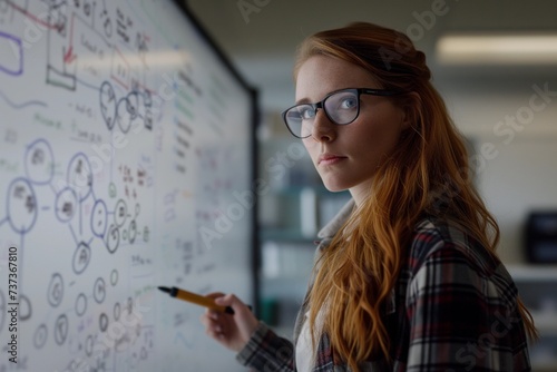 Portrait of female mathematician standing by a whiteboard with a marker in hand, writing mathematical equations, formulas, calculations. Research and education in science for women. STEM girl concept.