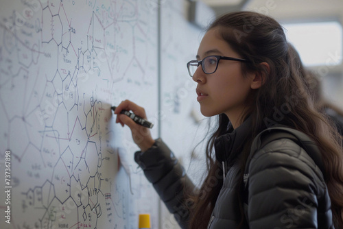 Portrait of female mathematician standing by a whiteboard with a marker in hand, writing mathematical equations, formulas, calculations. Research and education in science for women. STEM girl concept.
