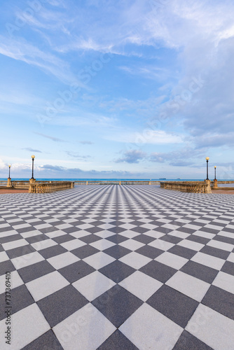 Livorno, Italy. Famous Mascagni Terrace - Terrazza Mascagni - with chess geometry pattern pavement