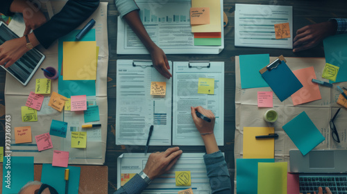 top view of a busy work table during a team meeting, with hands of diverse people working with colorful sticky notes