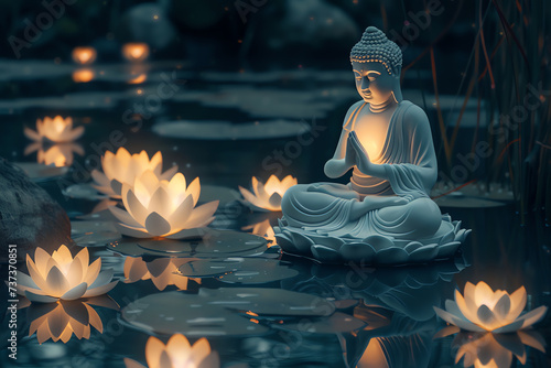 Buddha statue on a bassin in a garden, AI generated
