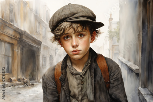 Illustration of a poor orphan boy living in a Victorian era city. Generative AI image.