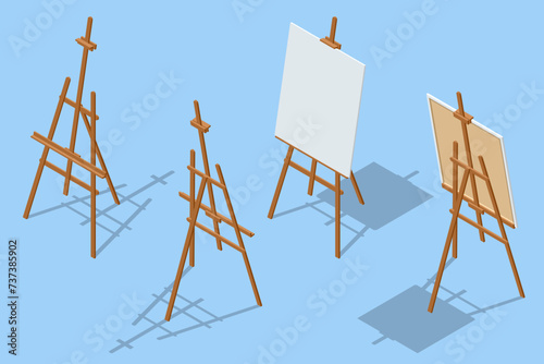 Isometric Clean Canvas on a wooden easel isolated on a white background. Art, creativity, hobby, job and creative occupation