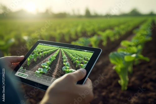 Farmer's tablet on a modern farm. Background with selective focus and copy space