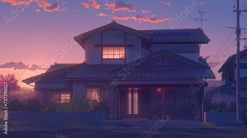 A modern anime featuring a traditional or classic Japanese house seen from the front at sunset