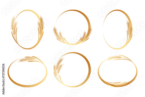 Set of round abstract golden icons of ears of wheat. Logo, icon, template, decor element, vector