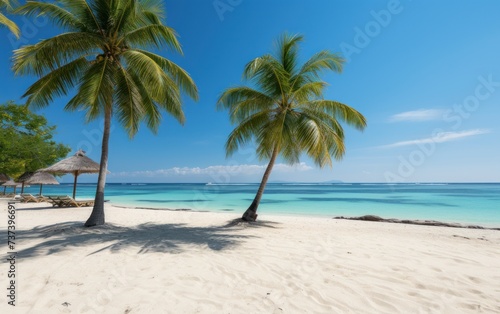 A photo of a beach with palm trees and a hut, capturing the essence of a tropical paradise.