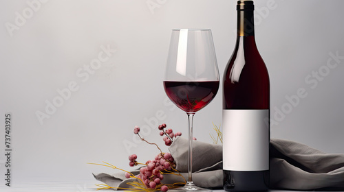 Glass and bottle of red wine with linen napkin and decorative flowers on a gray background.